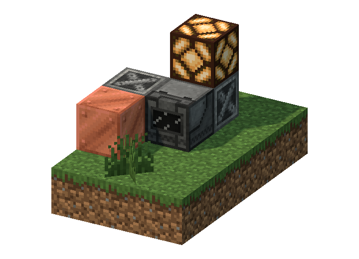 Voxel close-up of a Mekanism enrichment chamber and steel casings beside vanilla copper and a redstone lamp.